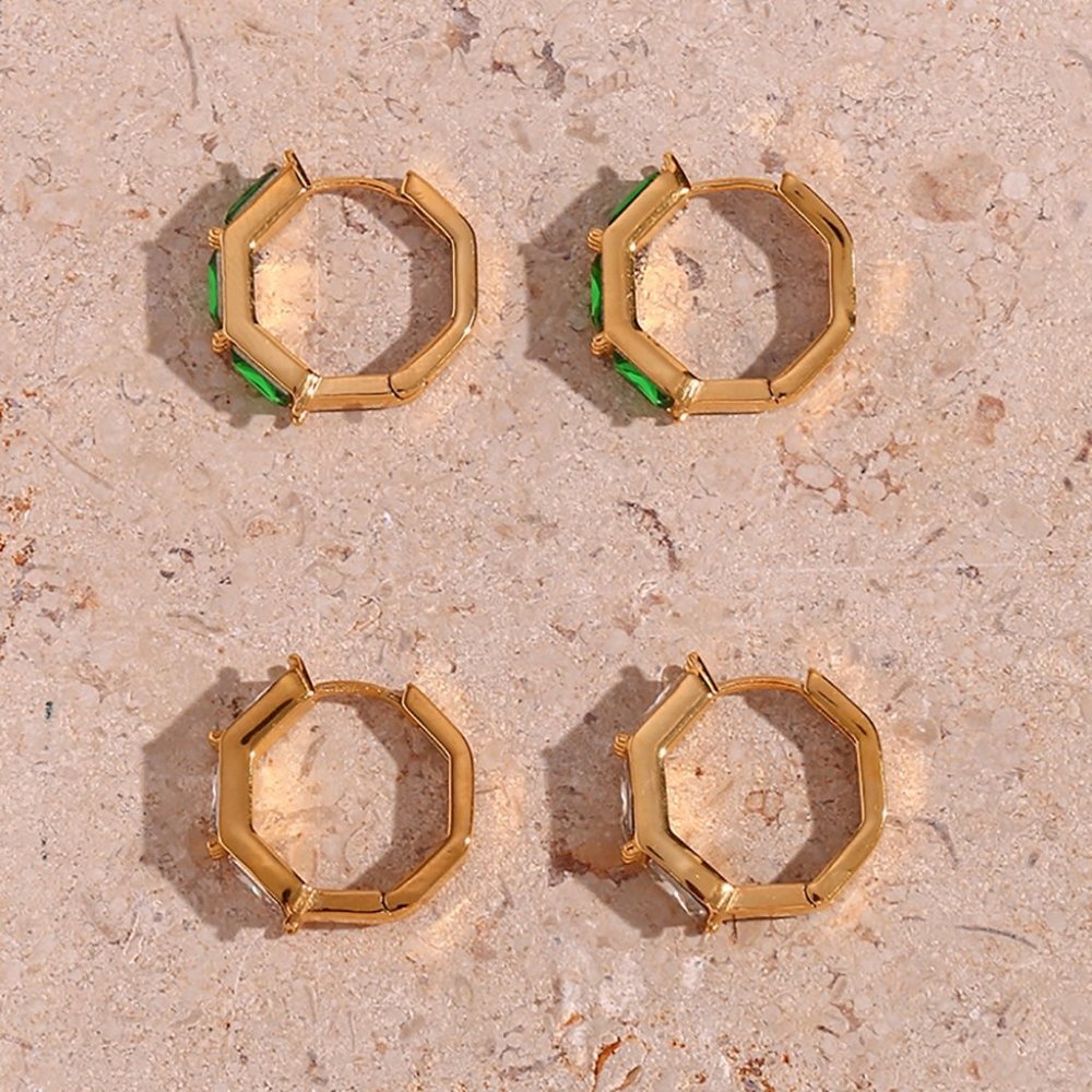 Green Zircon Small Hoop Earrings Bamboo Shape 18K Gold Plated Stainless Steel - Picture 9 of 9